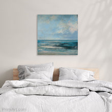 Load image into Gallery viewer, square serene blue abstract coastal artwork in bedroom
