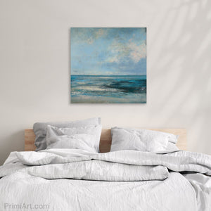 square serene blue abstract coastal artwork in bedroom