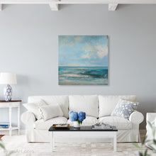 Load image into Gallery viewer, bluegreen square seascape painting above sofa
