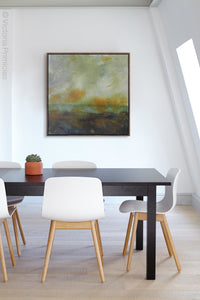 Unique abstract landscape art "Blushing Silence," digital download by Victoria Primicias, decorates the office.