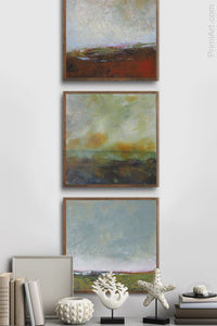 Square abstract landscape painting "Blushing Silence," canvas wall art by Victoria Primicias, decorates the entryway.