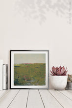Load image into Gallery viewer, Modern abstract landscape art &quot;Brassy Pastures,&quot; digital download by Victoria Primicias, decorates the shelf.
