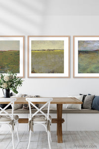 Contemporary abstract coastal wall art "Brassy Pastures," fine art print by Victoria Primicias, decorates the dining room.