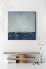 Load image into Gallery viewer, Indigo abstract beach wall art &quot;Broken Rules,&quot; canvas wall art by Victoria Primicias, decorates the entryway.
