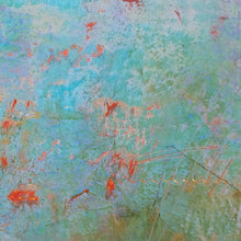 Load image into Gallery viewer, Closeup detail of blue abstract seascape painting&quot;Cantata Carolina,&quot; digital art landscape by Victoria Primicias, decorates the living room.
