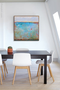 Blue abstract beach wall art "Cantata Carolina," downloadable art by Victoria Primicias, decorates the office.