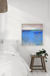 Zen abstract beach art "Carolina Shores," digital download by Victoria Primicias, decorates the bedroom.