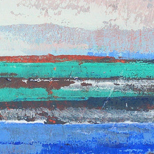 Closeup detail of blue abstract seascape painting"Carolina Shores," wall art print by Victoria Primicias