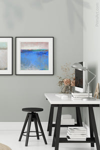 Blue abstract seascape painting"Carolina Shores," wall art print by Victoria Primicias, decorates the office.