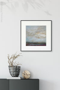 Gray abstract landscape painting "Casual Vacancy," printable art by Victoria Primicias, decorates the foyer.