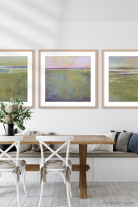 Yellow green abstract landscape art "Cayo Verde," digital print by Victoria Primicias, decorates the dining room.
