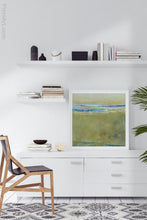 Load image into Gallery viewer, Yellow green abstract ocean painting &quot;Cayo Verde,&quot; digital print by Victoria Primicias, decorates the office.
