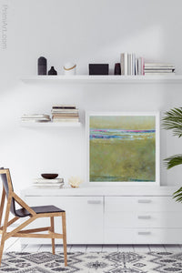 Yellow green abstract ocean painting "Cayo Verde," digital print by Victoria Primicias, decorates the office.