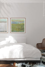 Load image into Gallery viewer, Yellow green abstract ocean art &quot;Cayo Verde,&quot; digital print by Victoria Primicias, decorates the bedrooom.
