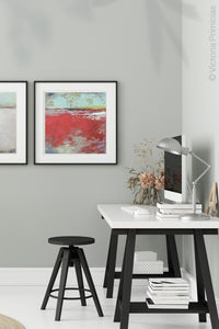 Colorful abstract ocean painting "Cerise Harbor," digital art landscape by Victoria Primicias, decorates the office.