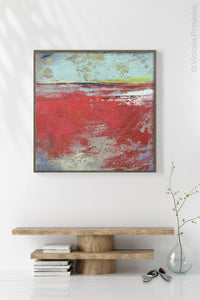 Colorful abstract ocean painting "Cerise Harbor," digital artwork by Victoria Primicias, decorates the foyer.