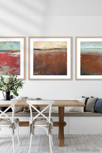 Colorful abstract landscape art "Cerise Harbor," digital download by Victoria Primicias, decorates the dining room.