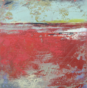 Red abstract ocean painting "Cerise Harbor," canvas print by Victoria Primicias