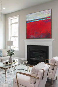 Bold abstract beach wall art "Cherry Hollow," digital print by Victoria Primicias, decorates the fireplace.