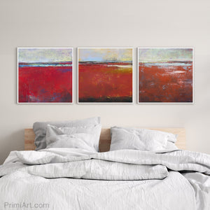 Red abstract beach wall art "Cherry Hollow," giclee print by Victoria Primicias, decorates the bedroom.