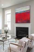 Load image into Gallery viewer, Red abstract beach wall art &quot;Cherry Hollow,&quot; giclee print by Victoria Primicias, decorates the fireplace.
