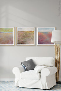 Pink abstract beach wall decor "Cherry Inlet," printable wall art by Victoria Primicias, decorates the living room.