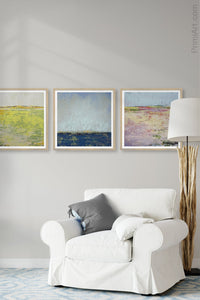 Bright abstract landscape painting "Citrus Morning," digital download by Victoria Primicias, decorates the living room.
