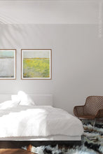 Load image into Gallery viewer, Sunny abstract landscape art &quot;Citrus Morning,&quot; wall art print by Victoria Primicias, decorates the bedroom.
