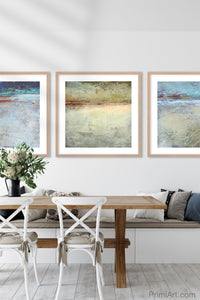 Blue and beige abstract coastal wall art "Cobalt Chorus," downloadable art by Victoria Primicias, decorates the dining room.