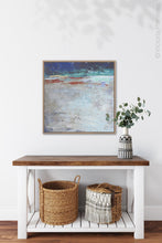 Load image into Gallery viewer, Blue and beige abstract beach wall decor &quot;Cobalt Chorus,&quot; digital artwork by Victoria Primicias, decorates the hallway.
