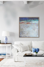 Load image into Gallery viewer, Blue and beige abstract beach wall art &quot;Cobalt Chorus,&quot; digital print by Victoria Primicias, decorates the living room.
