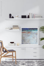 Load image into Gallery viewer, Modern abstract coastal wall art &quot;Cobalt Chorus,&quot; giclee print by Victoria Primicias, decorates the office.

