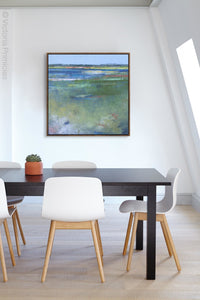 Blue abstract beach wall art "Color Dance," downloadable art by Victoria Primicias, decorates the office.