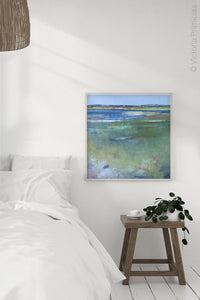 Blue abstract beach art "Color Dance," digital download by Victoria Primicias, decorates the bedroom