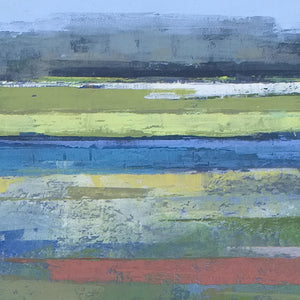 Closeup detail of blue abstract seascape painting"Color Dance," downloadable art by Victoria Primicias, decorates the 