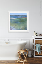 Load image into Gallery viewer, Coastal abstract seascape painting&quot;Color Dance,&quot; wall art print by Victoria Primicias, decorates the bathroom.
