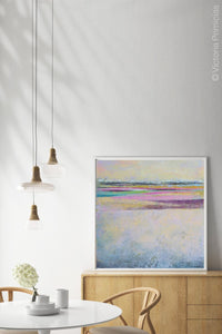 Square abstract beach wall art "Common Threads," digital download by Victoria Primicias, decorates the dining room.