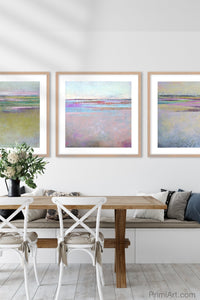 Square abstract beach wall decor "Common Threads," digital download by Victoria Primicias, decorates the dining room.