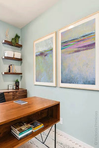 Square abstract beach wall art "Common Threads," digital download by Victoria Primicias, decorates the office.