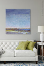 Load image into Gallery viewer, Blue abstract seascape painting &quot;Confetti Chorus,&quot; wall art print by Victoria Primicias, decorates the living room.
