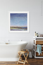 Load image into Gallery viewer, Blue abstract seascape painting &quot;Confetti Chorus,&quot; wall art print by Victoria Primicias, decorates the bathroom.
