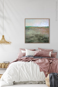 Zen abstract landscape painting "Coral Belles," digital download by Victoria Primicias, decorates the bedroom.
