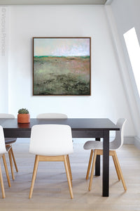 Zen landscape painting "Coral Belles," digital artwork by Victoria Primicias, decorates the office.