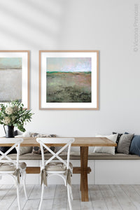 Zen abstract landscape painting "Coral Belles," printable wall art by Victoria Primicias, decorates the dining room.