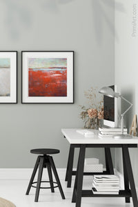 Contemporary abstract beach wall art "Courage Point," printable wall art by Victoria Primicias, decorates the office.