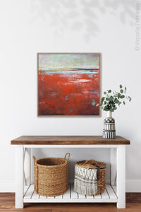 Contemporary abstract seascape painting "Courage Point," printable wall art by Victoria Primicias, decorates the hallway.