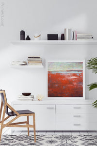 Contemporary abstract seascape painting "Courage Point," printable wall art by Victoria Primicias, decorates the office.