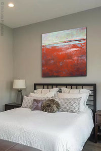 Modern abstract beach wall decor "Courage Point," canvas art print by Victoria Primicias, decorates the bedroom.