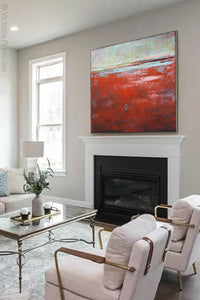 Modern abstract beach wall art "Courage Point," canvas print by Victoria Primicias, decorates the fireplace.