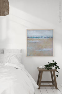 Beige muted abstract beach wall decor "Crib Sheets," digital artwork by Victoria Primicias, decorates the bedroom.